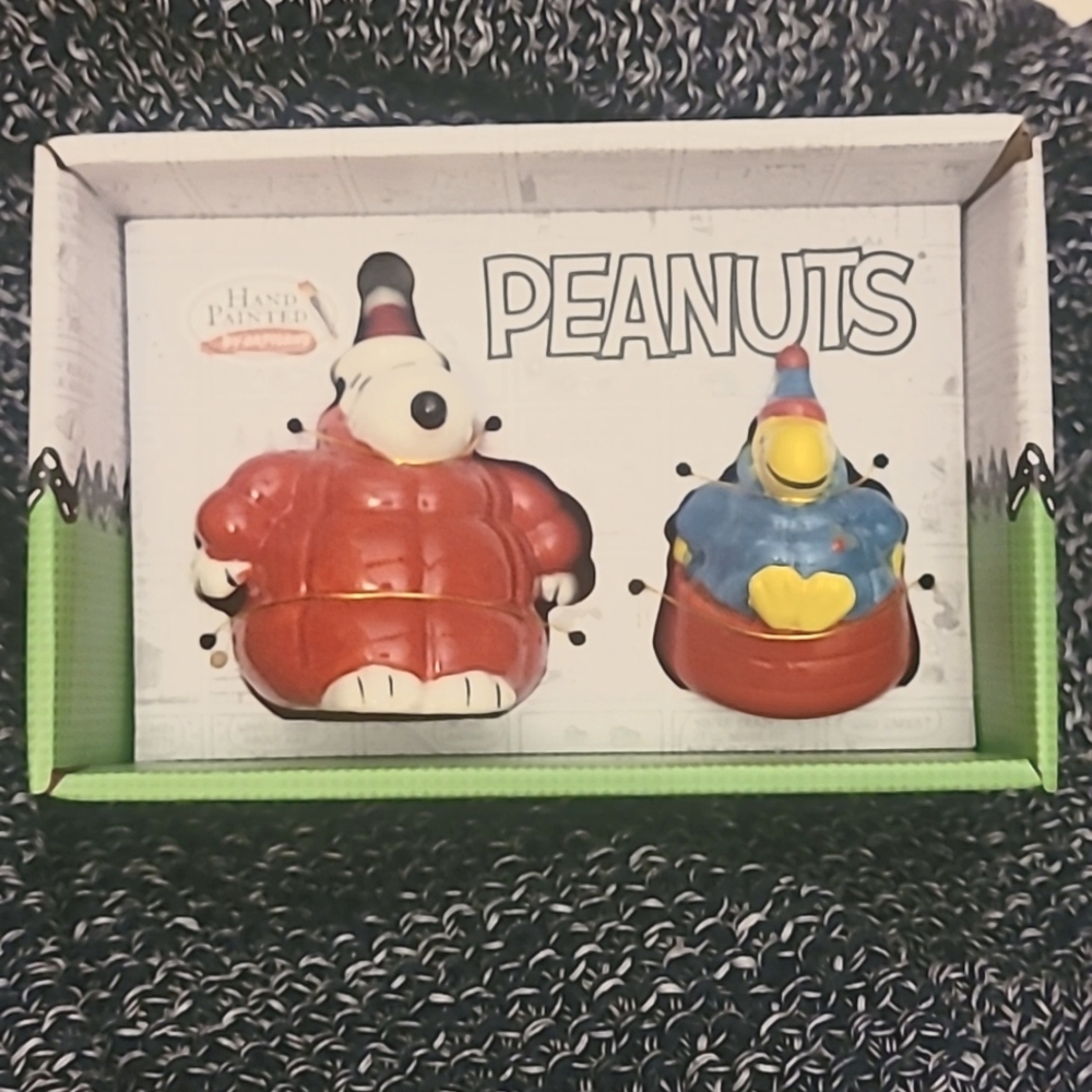 Peanuts Snoopy and Woodstock Puffer Coat Salt and Pepper Shakers NIB